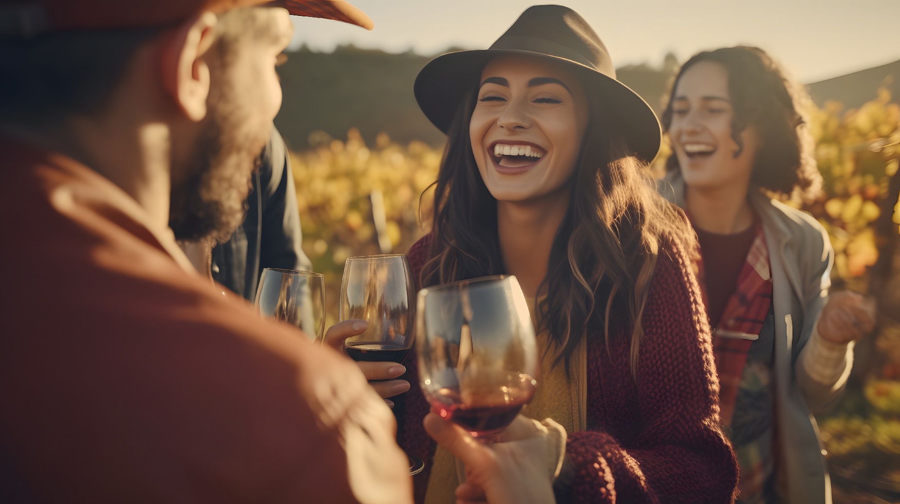 Friends Toasting Wine In A Vineyard At Daytime Outdoors. Happy Friends Having Fun Outdoor. Young People Enjoying Harvest Time Together Outside At Farm House Vineyard Countryside. Autumn Season