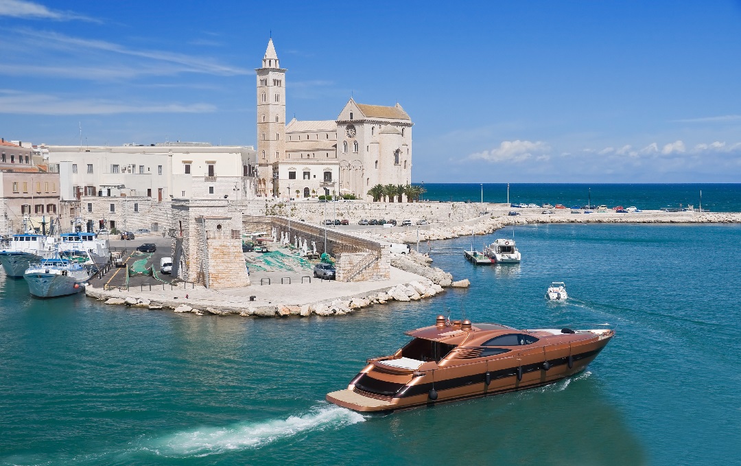 Touristic Port With Cathedral And Luxury Yacht. Trani. Apulia.