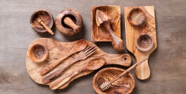 Set Of Wooden Kitchen Utensils Made From Olive Wood .
